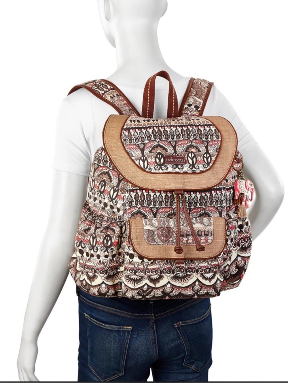 Sakroots Beige & Brown Patterned Canvas Backpack with Pink Accents